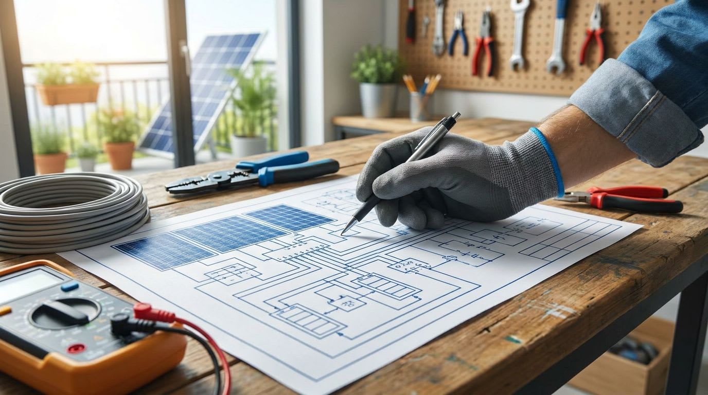 Detaillierter Übersichtsschaltplan eines Balkonkraftwerks mit Speicher wird von einer Elektrofachkraft geprüft.