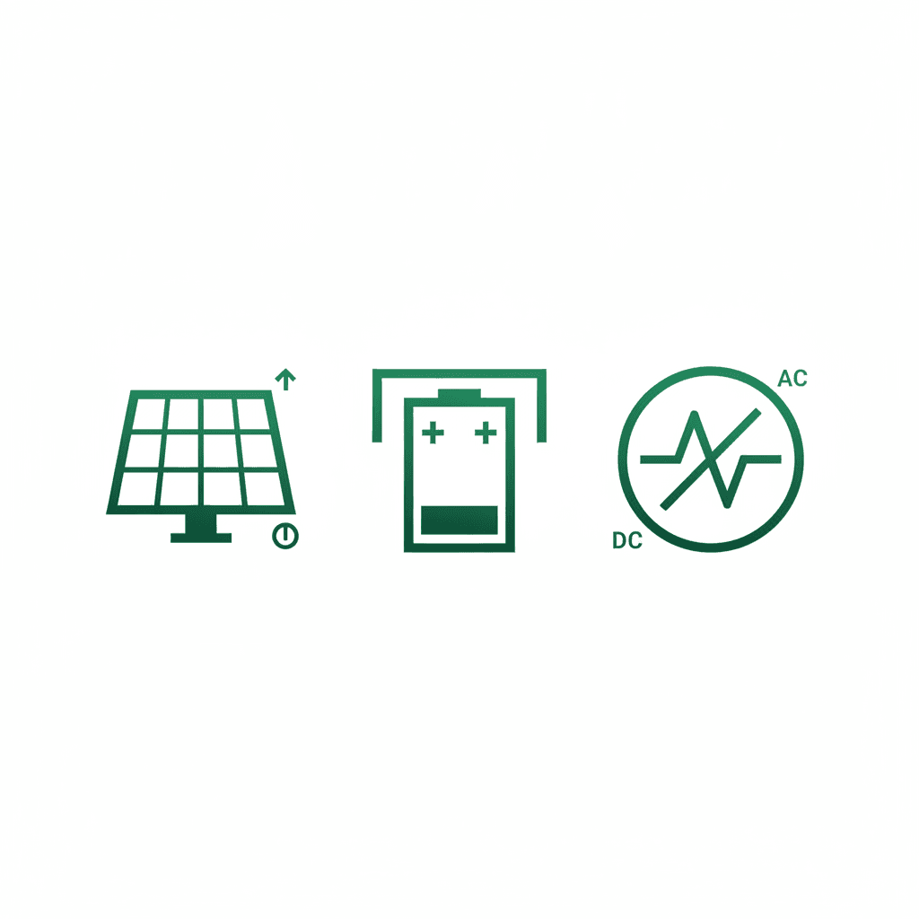 Schaltplansymbole für eine PV-Anlage: Solarmodul, Batteriespeicher und Wechselrichter für den Notstrom-Schaltplan.