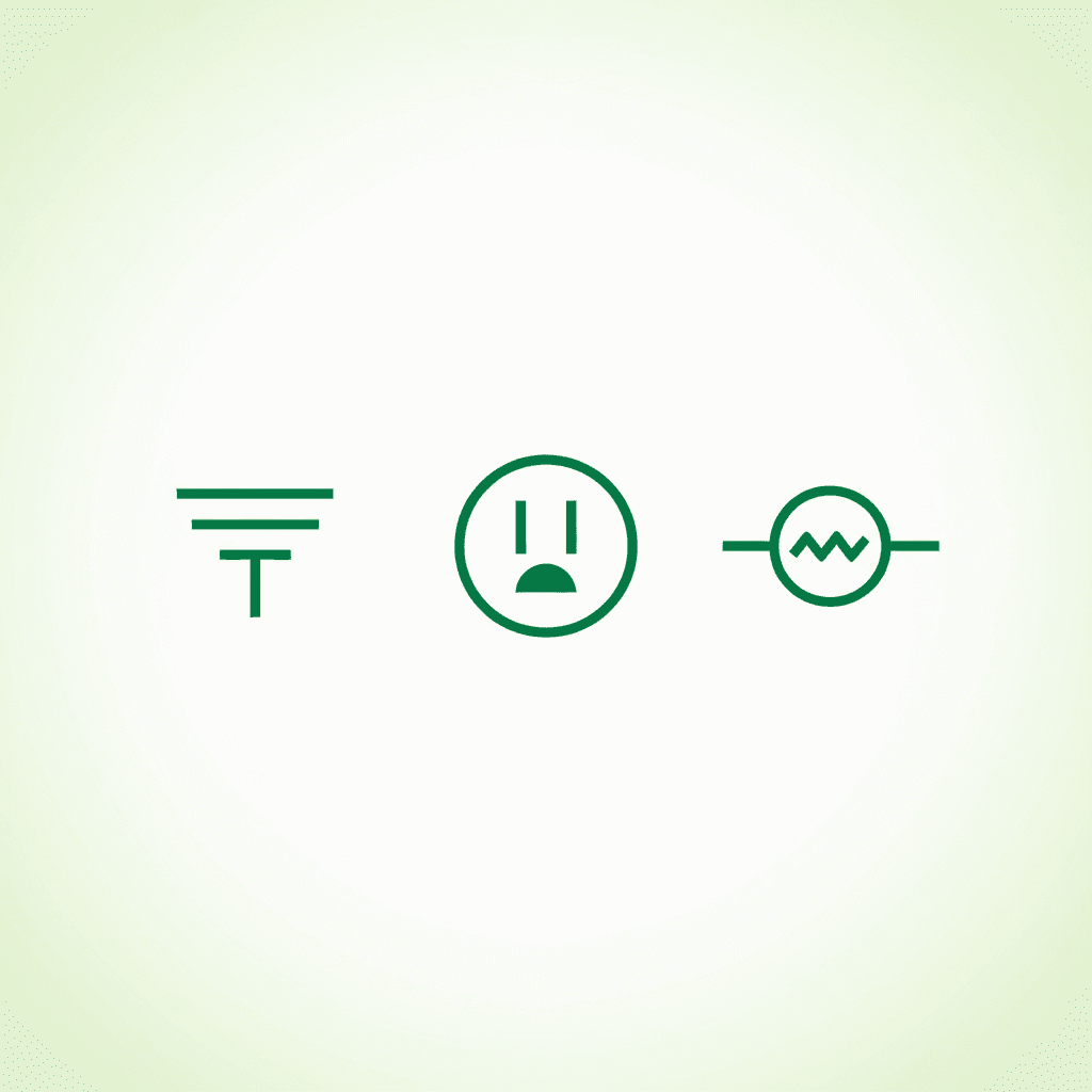 Weitere Symbole für den Notstrom-Schaltplan einer PV-Anlage: Erdung, Steckdose und allgemeine Verbraucher.