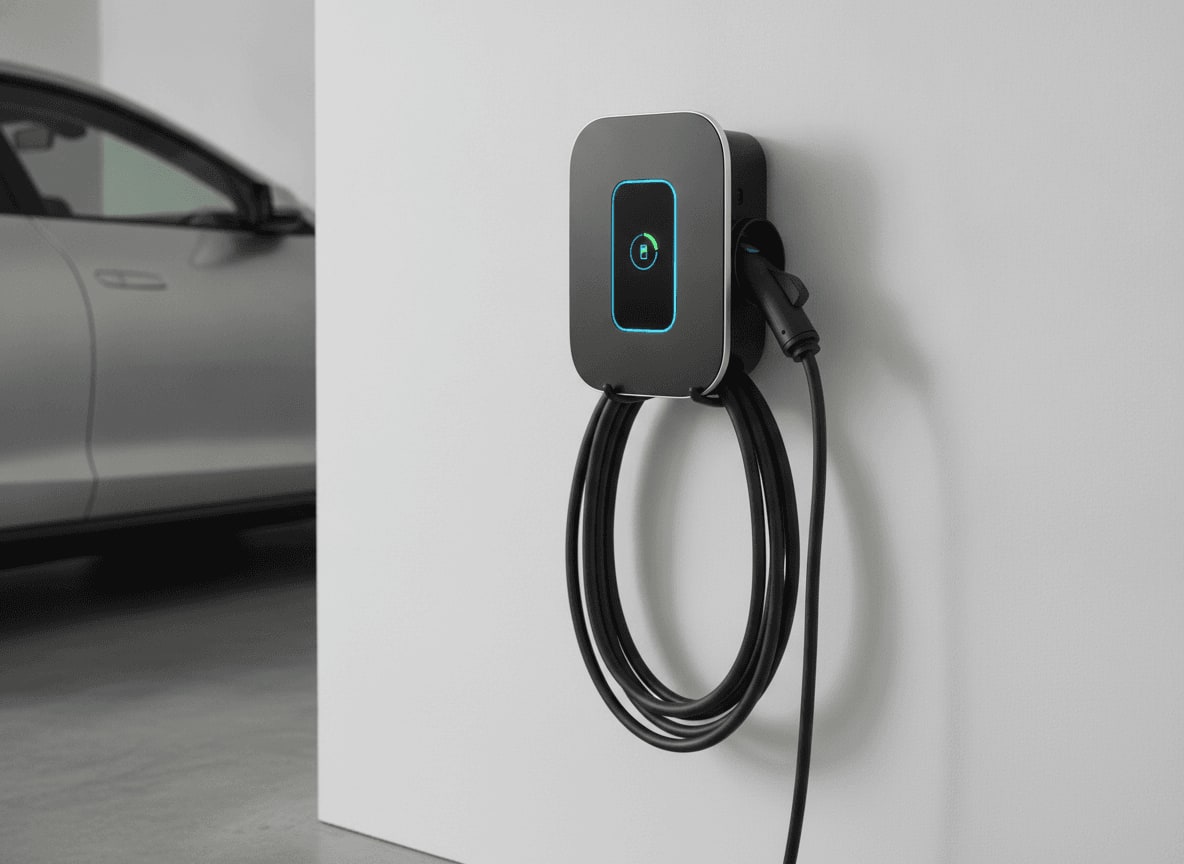 Moderne Wallbox in einer Garage, eine wichtige Komponente für den Anschluss einer PV-Anlage, Beispiel 2/3.