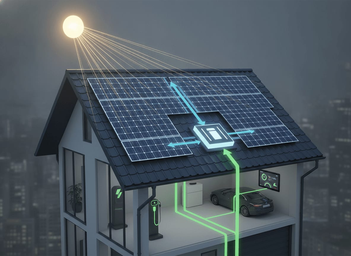 Visualisierung des Stromflusses einer PV-Anlage ohne Speicher, Teil 1: Von den Solarmodulen zum Wechselrichter.