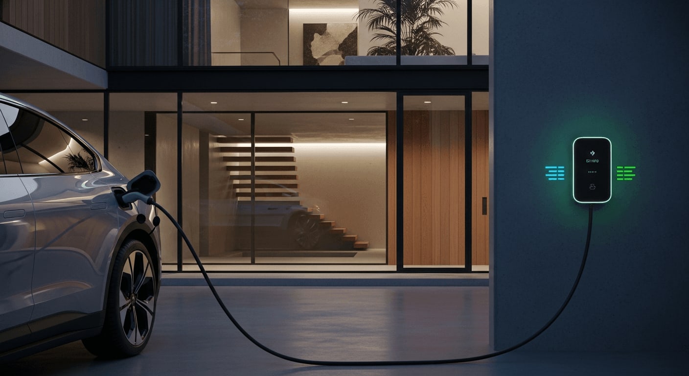 E-Auto an einer bidirektionalen Wallbox vor einem modernen Einfamilienhaus zur Nutzung als XXL-Powerstation.