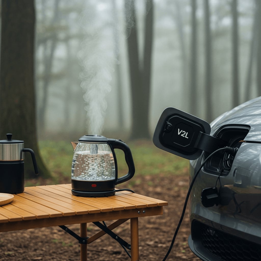 Wasserkocher beim Camping im Wald, der über die V2L-Funktion direkt vom Akku des E-Autos mit Strom versorgt wird.