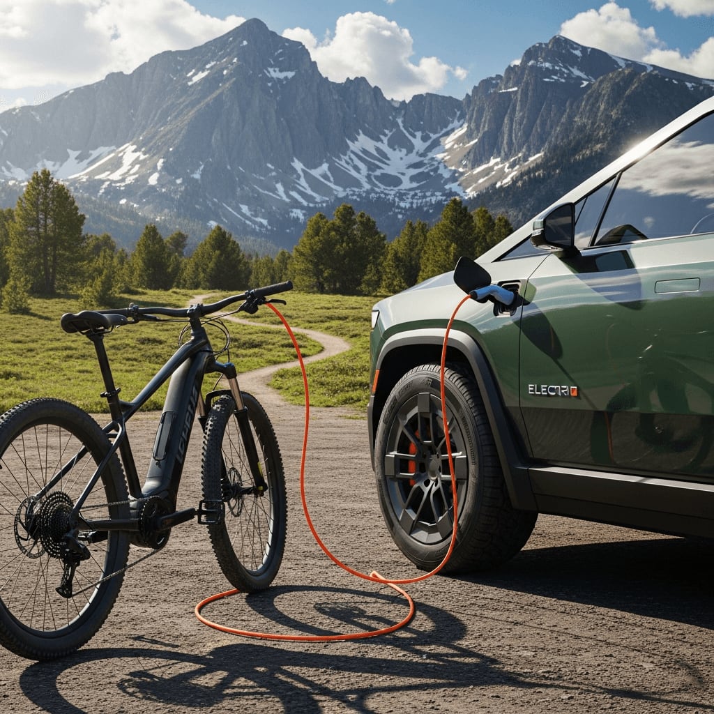 E-Bike wird in den Bergen über den V2L-Anschluss eines Elektroautos aufgeladen, um die Reichweite zu verlängern.