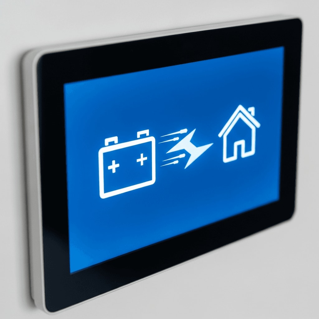 Smart Home Display an der Wand zeigt den Energiefluss beim bidirektionalen Laden vom E-Auto in das Hausnetz.