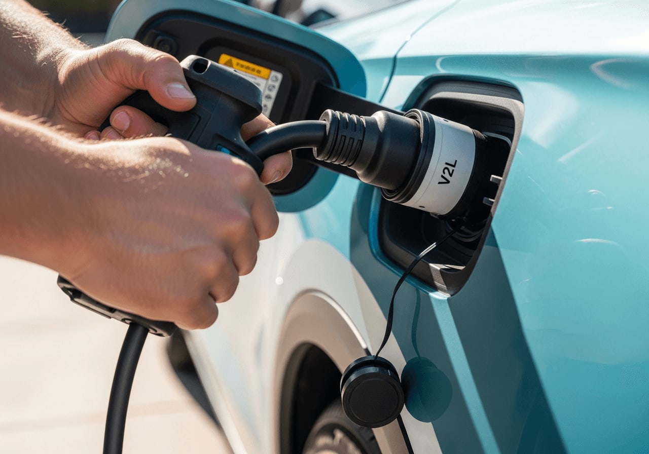 V2L-Adapter am E-Auto: Eine Person schließt eine Bohrmaschine über den Ladeanschluss des Elektroautos an.