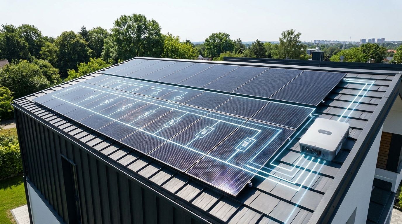 Visualisierung der VDE-AR-N 4105 Anforderungen durch einen Übersichtsschaltplan über einer modernen Photovoltaikanlage auf einem Hausdach.