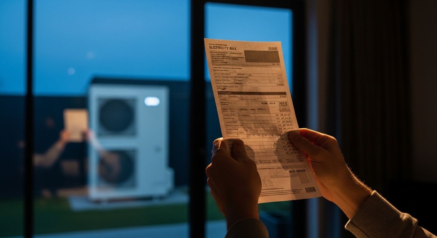 Hohe Stromrechnung in der Hand gehalten, um die finanziellen Nachteile einer ineffizient laufenden Wärmepumpe zu zeigen.