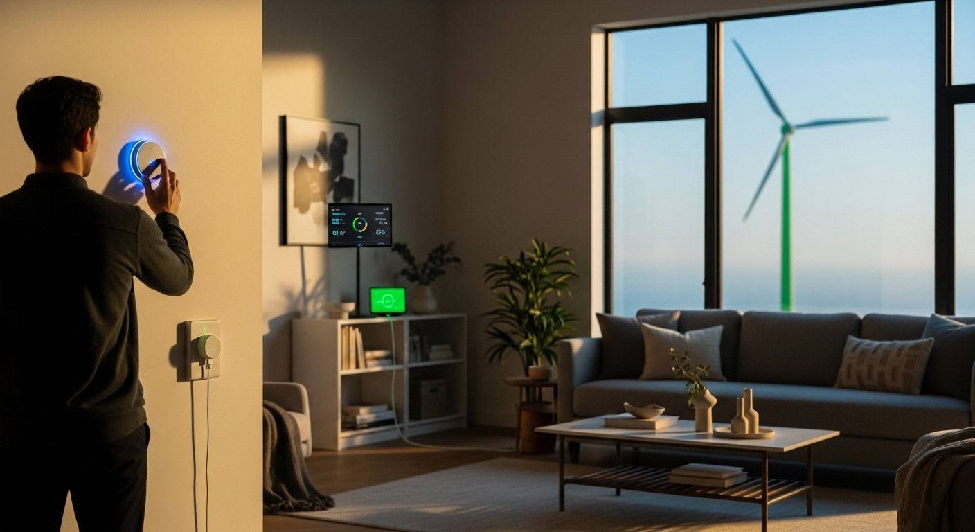 Energiesparen im modernen Zuhause: Eine Person steuert die Heizung per Smart-Thermostat für mehr Effizienz.
