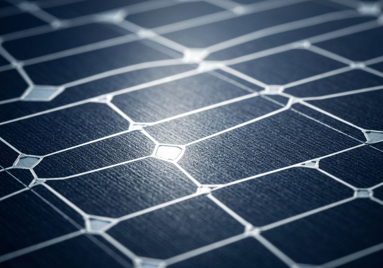 Nahaufnahme einer Silizium-Solarzelle, die den photoelektrischen Effekt und die Umwandlung von Sonnenlicht in elektrischen Strom visualisiert.