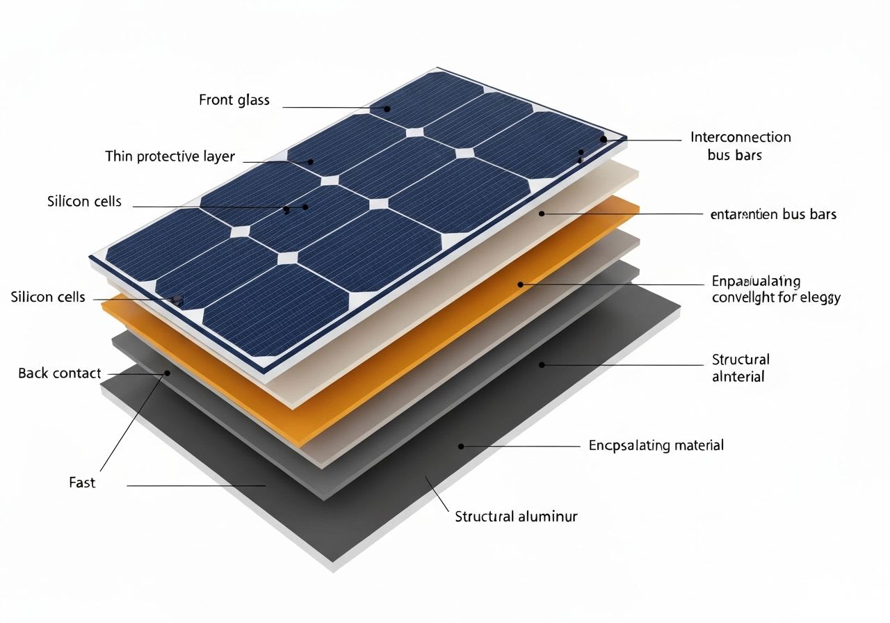 Detaillierte Schnittansicht eines Photovoltaik-Solarmoduls, das seinen Aufbau von Frontglas bis zum Aluminiumrahmen für Solarstrom erklärt.