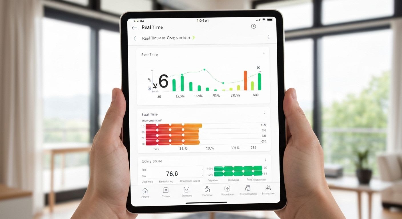 Hände bedienen ein Tablet mit einer Energie-App, die den Solarstrom-Eigenverbrauch und die Photovoltaik-Definition im Smart Home überwacht.