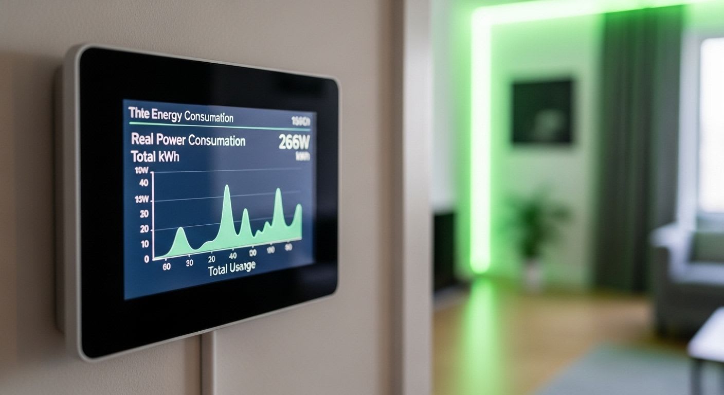 Modernes Smart-Home-Display zur Visualisierung des Stromverbrauchs, das die Umrechnung von Watt in kWh einfach darstellt.