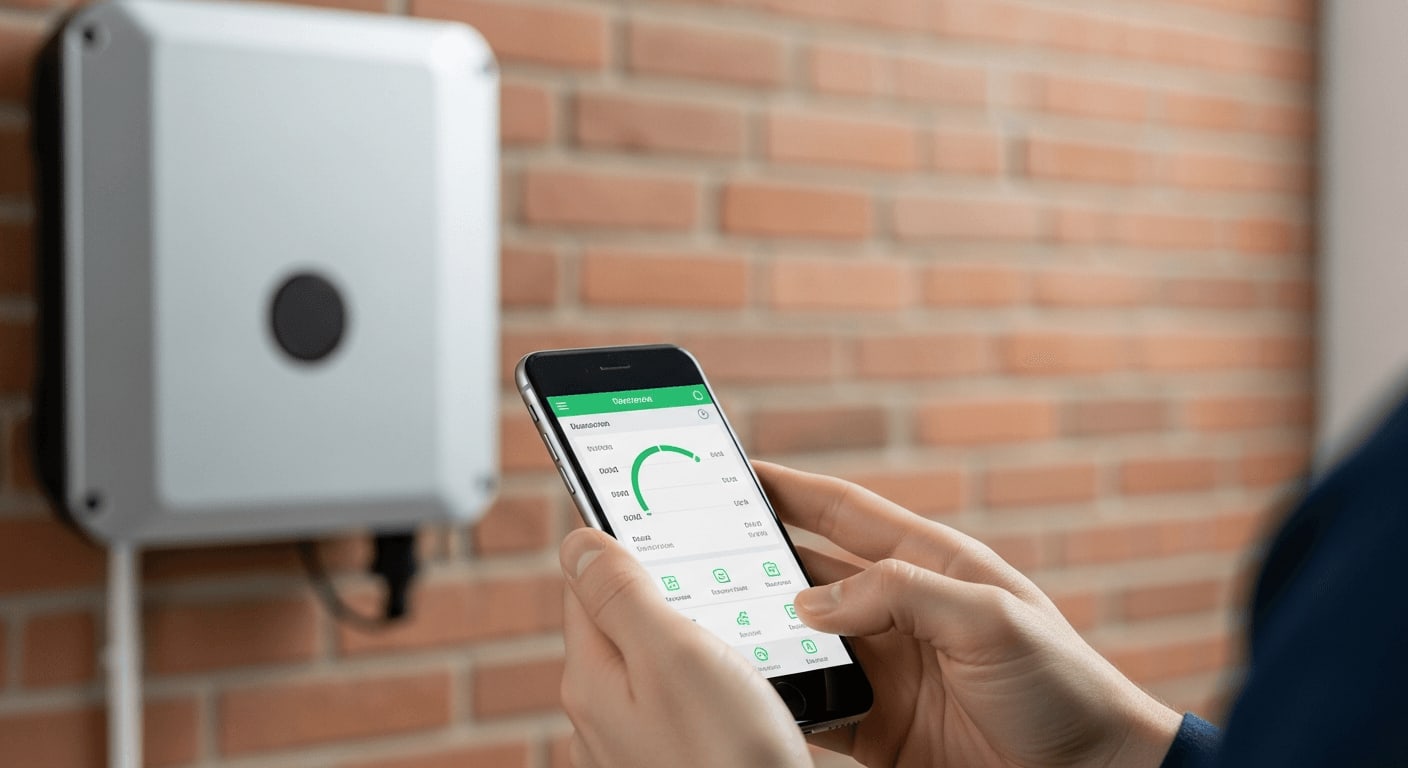 Software-Update für Balkonkraftwerke: Hände bedienen eine Energie-App vor einem montierten Wechselrichter.