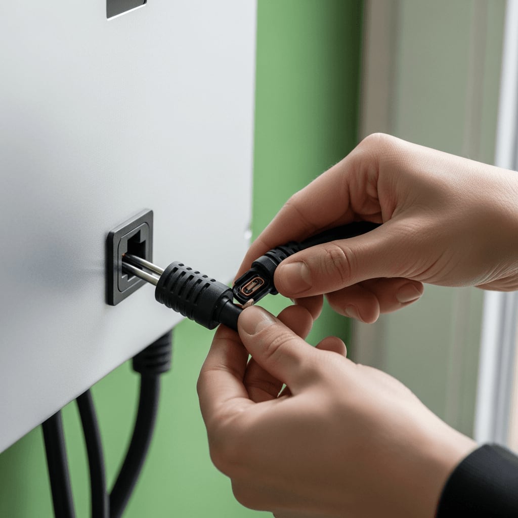 Neustart beim Wechselrichter Upgrade: Hände stecken das Solarkabel sicher in die Anschlussbuchse des Inverters.