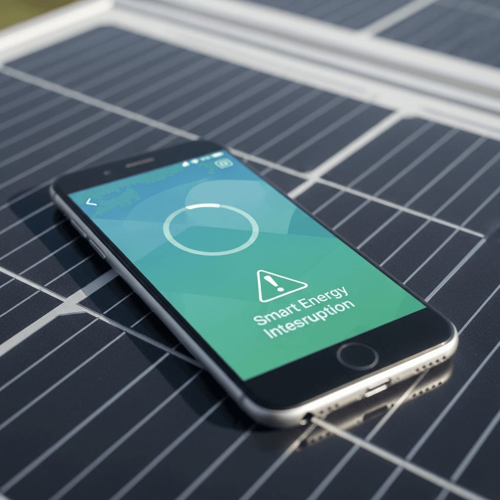 Update-Fehler beim Balkonkraftwerk beheben: Smartphone mit Ladebildschirm einer Energie-App auf einem Solarmodul.