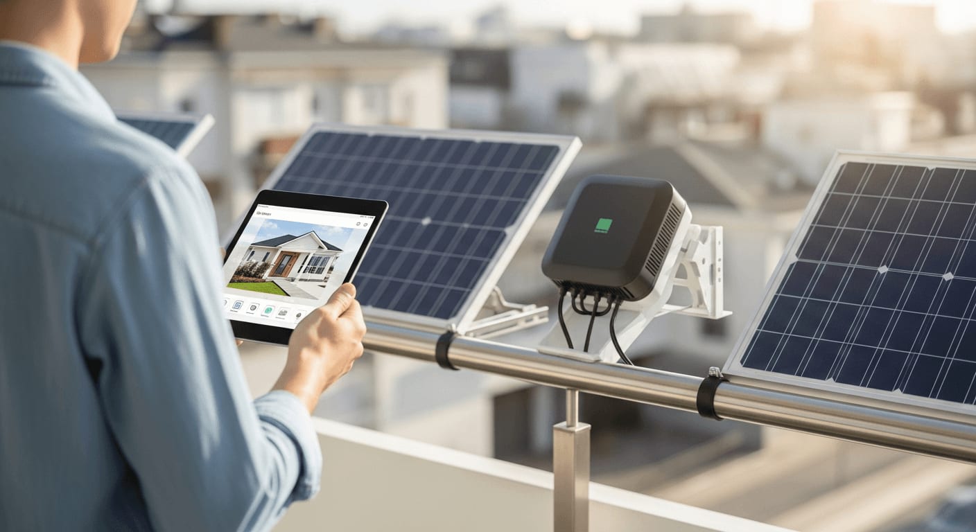Legales Wechselrichter Upgrade 600W auf 800W: Person steuert Balkonkraftwerk mit Tablet auf einem sonnigen Balkon.