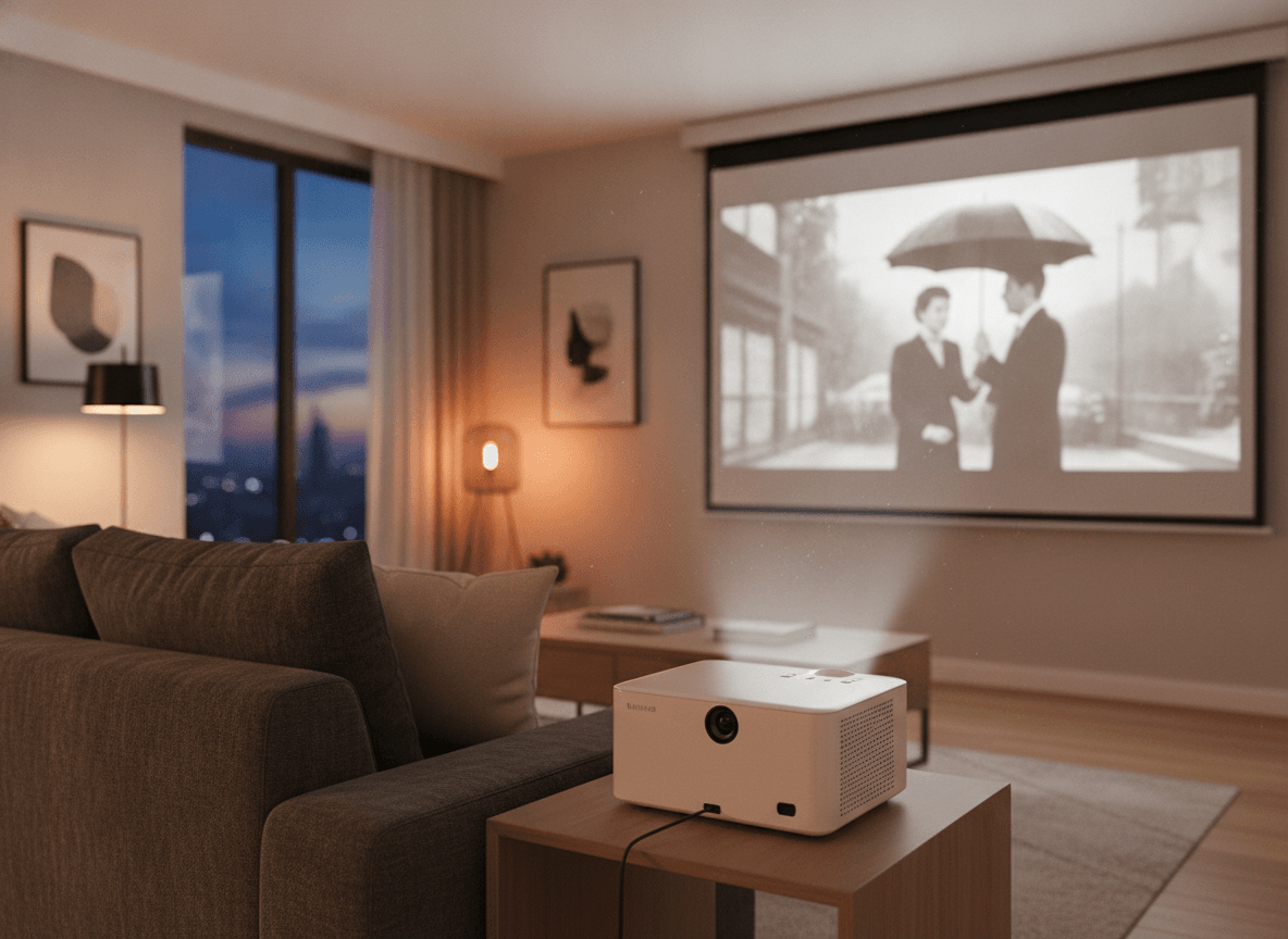 Beamer-Projektion im Wohnzimmer, bei der der korrekte Beamer Abstand für eine gemütliche Atmosphäre entscheidend ist.