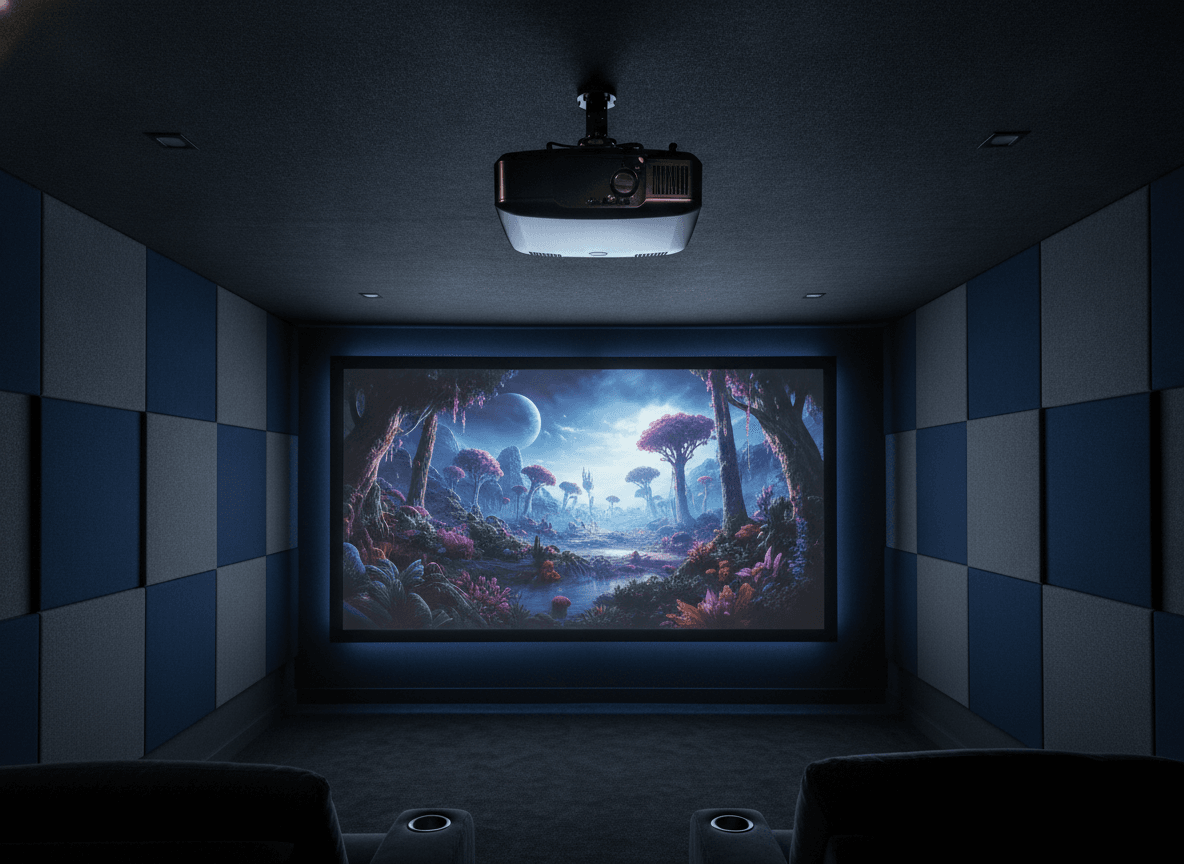Ein dediziertes Heimkino, in dem der Beamer Abstand exakt berechnet wurde, um die maximale Bildqualität auf der Leinwand zu erzielen.