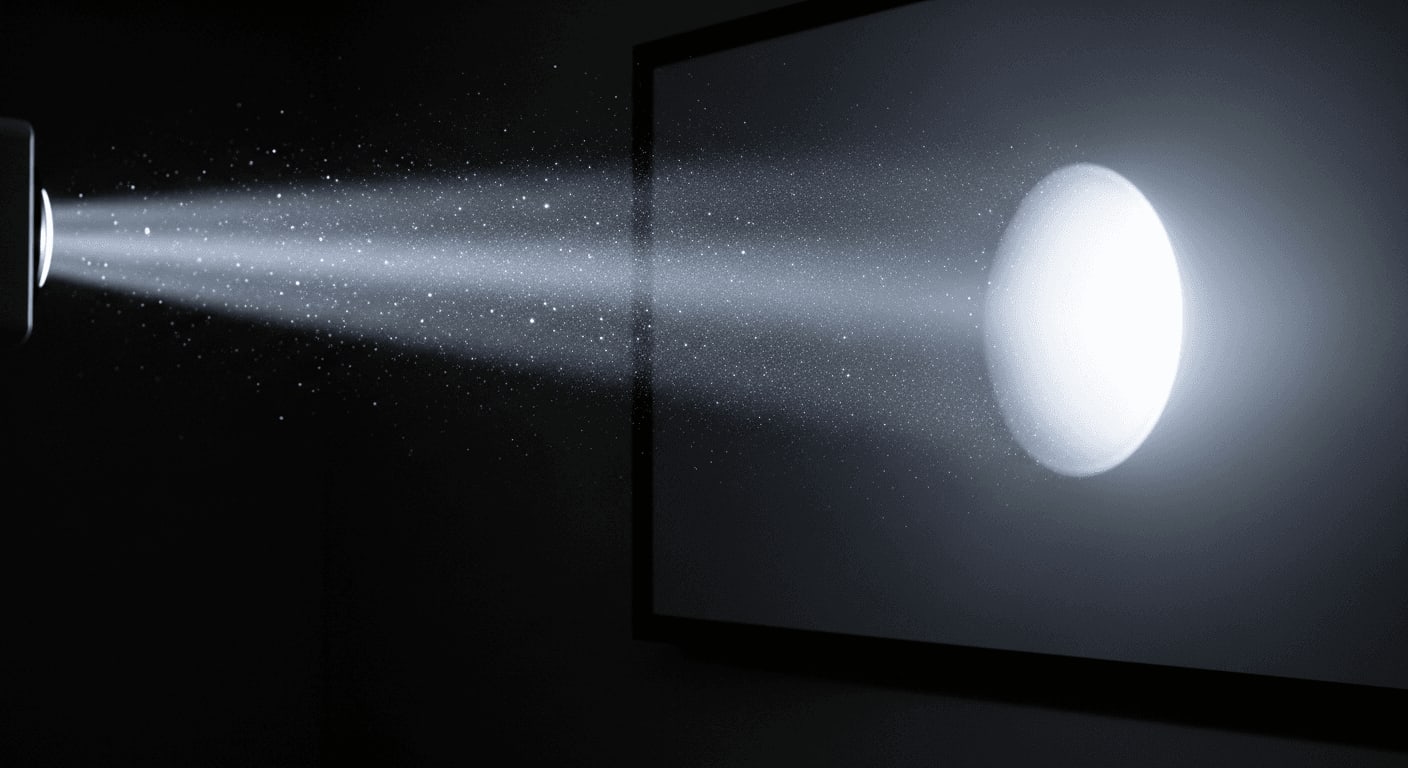 Heller Lichtstrahl eines Beamers trifft auf das glatte Tuch einer grauen High-Tech-Leinwand im dunklen Heimkino.