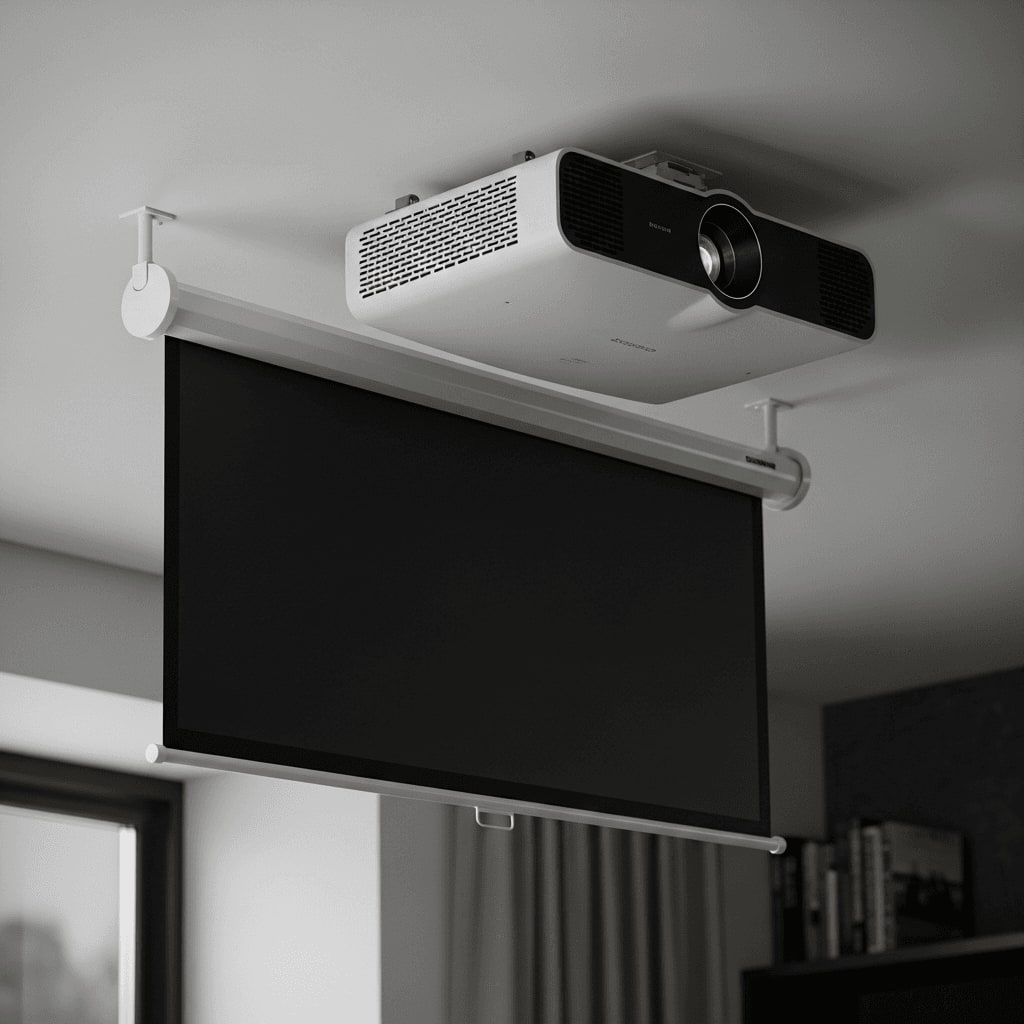 Motorisierte Beamer-Leinwand fährt an der Wohnzimmerdecke herunter und zeigt das flache Tuch des Tension-Systems.