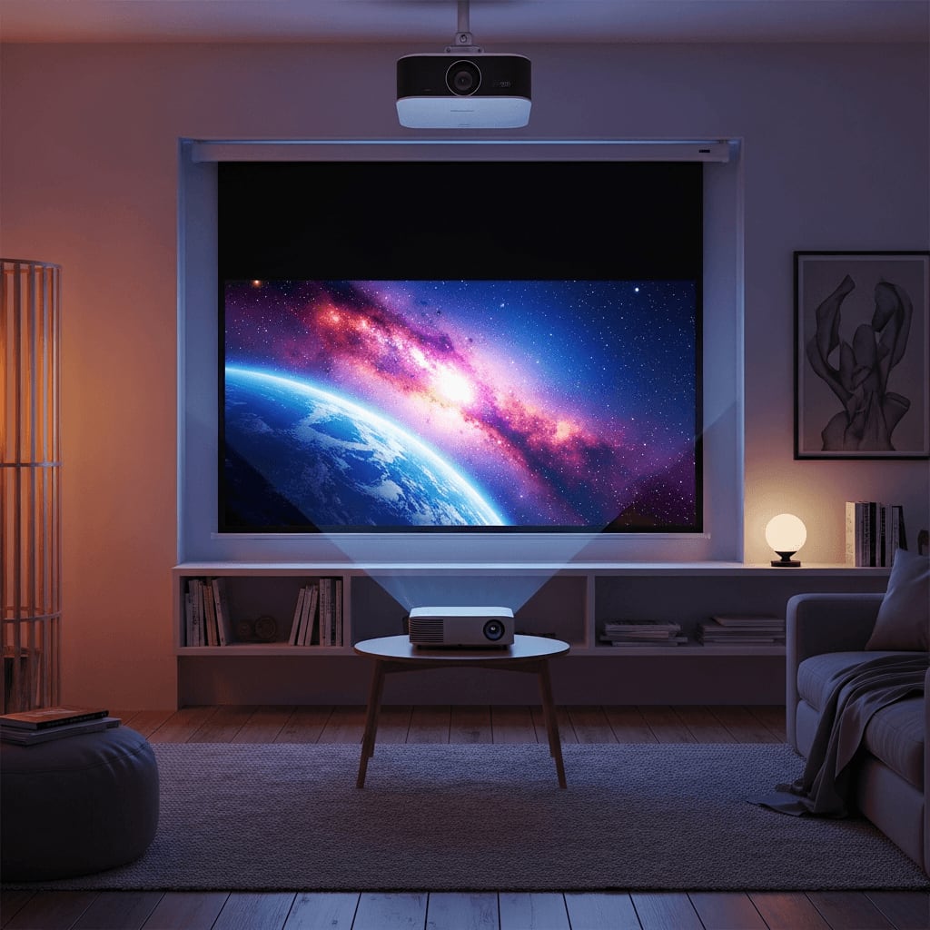 Perfekt plane Tension-Leinwand in einem gemütlichen Wohnzimmer, die ein farbstarkes Beamer-Bild im Dunkeln zeigt.
