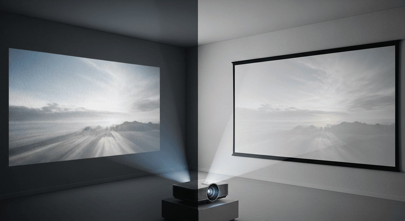 Beamer-Leinwand Guide: Direkter Vergleich zwischen einer rauen weißen Wand und einem perfekten Leinwand-Tuch.