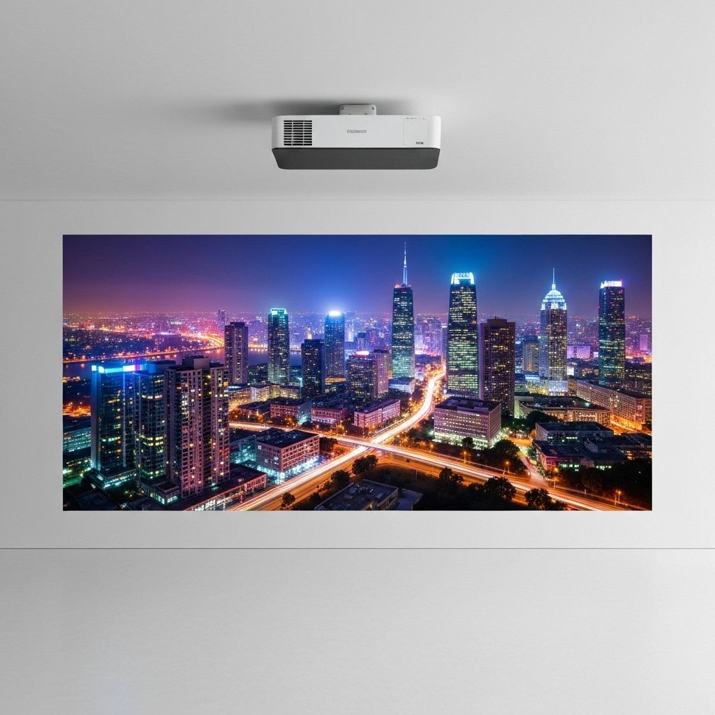 Deckenmontierter Beamer, der ein perfekt rechteckiges Bild auf eine Leinwand projiziert, demonstriert die Vorteile des Lens-Shift.