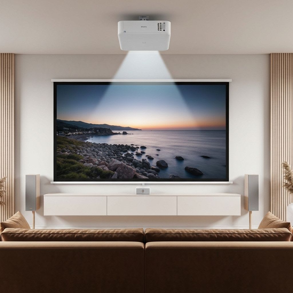 Elegantes Heimkino-Setup mit ideal positioniertem Beamer, der ein gestochen scharfes, unkorrigiertes Bild durch Lens-Shift liefert.
