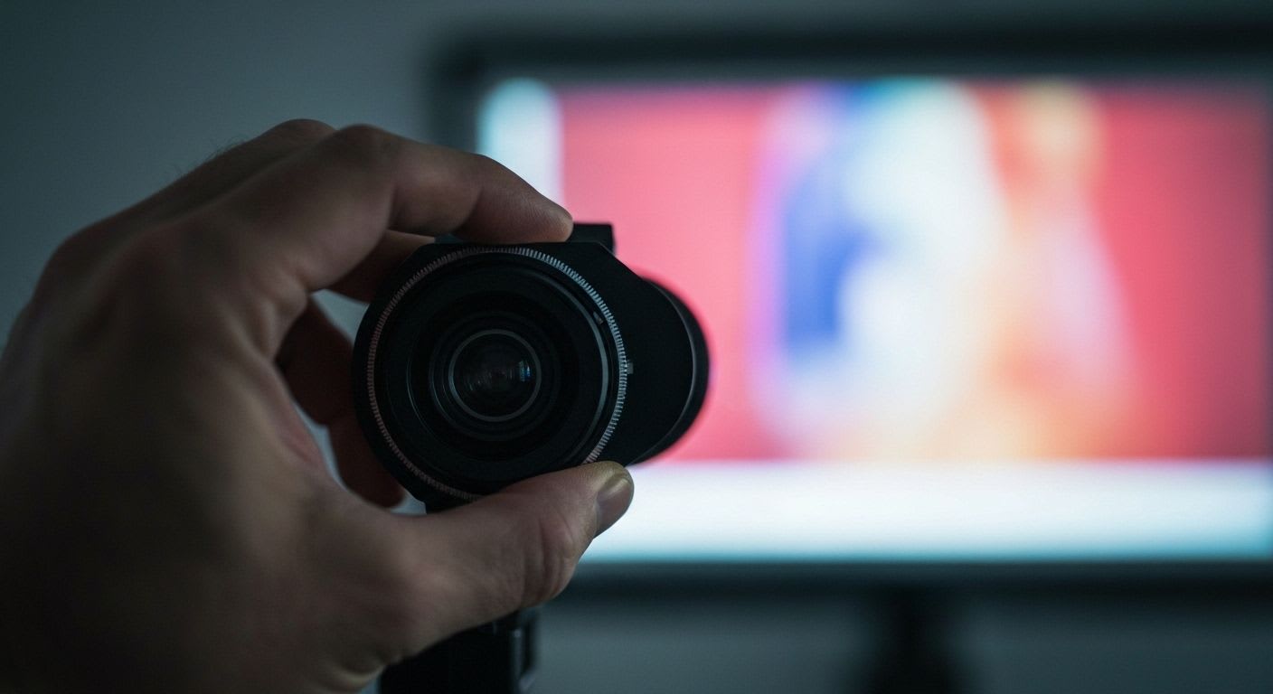 Hand justiert Fokusring einer Beamerlinse, um Projektionsabstand und Throw Ratio präzise einzustellen, für ein scharfes Heimkino-Bild.
