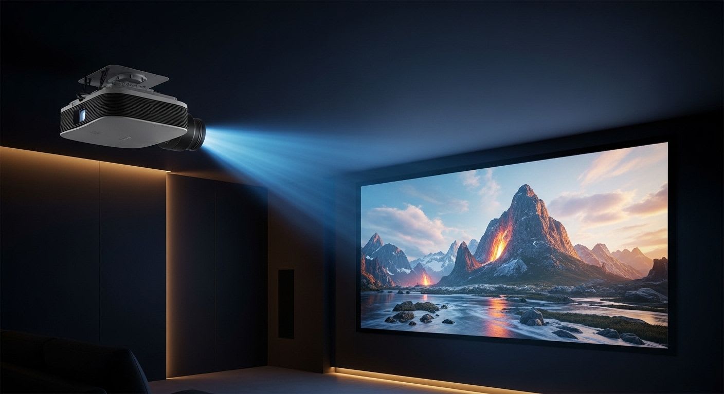 Ein an der Decke montierter Beamer projiziert ein perfekt ausgerichtetes Film-Bild auf eine Leinwand, optimal für das Heimkino und die Beamer-Positionierung.