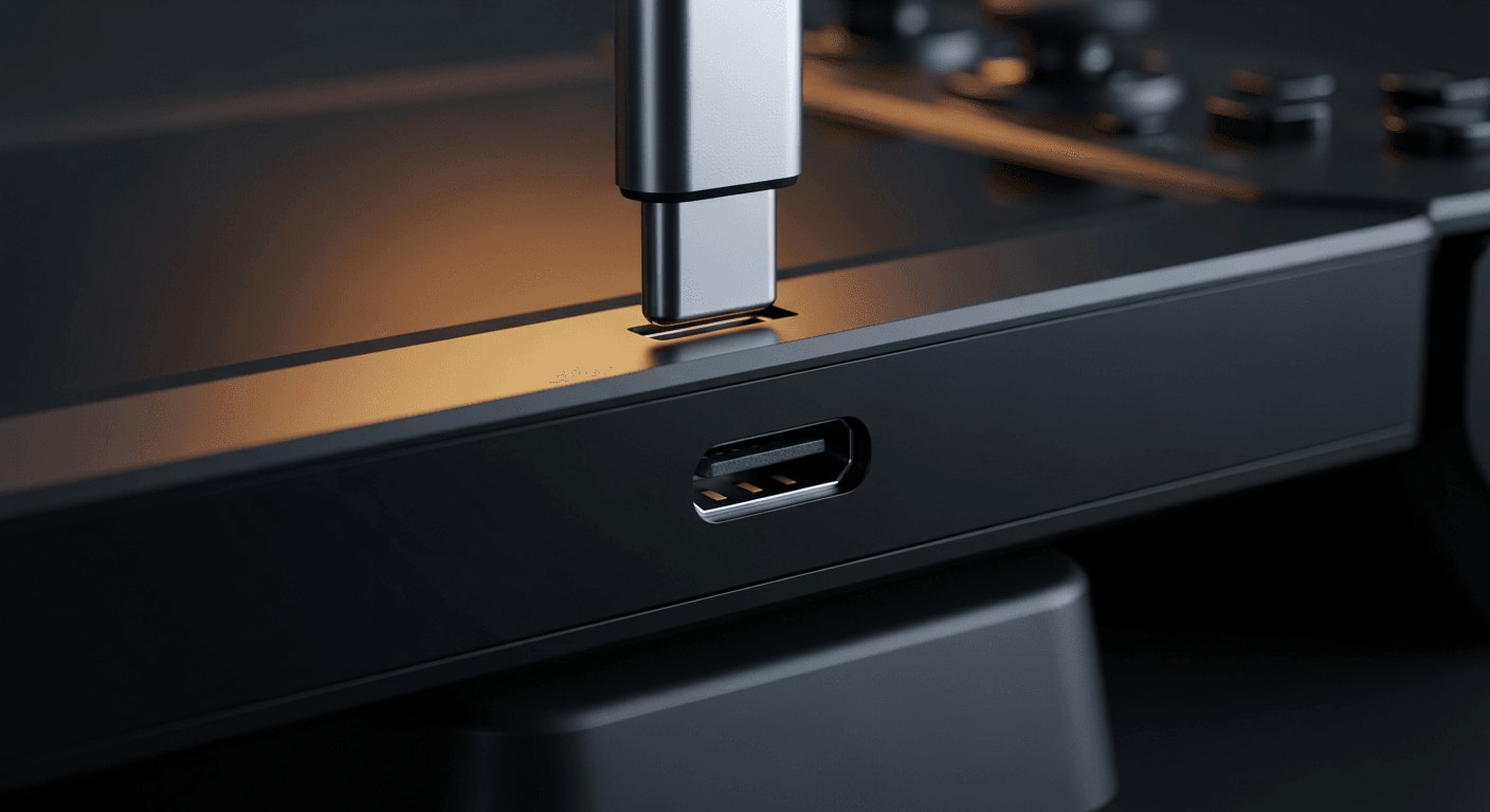 Nahaufnahme eines USB-C-Kabels beim Anschließen an eine leistungsstarke Dockingstation für Handheld-PCs
