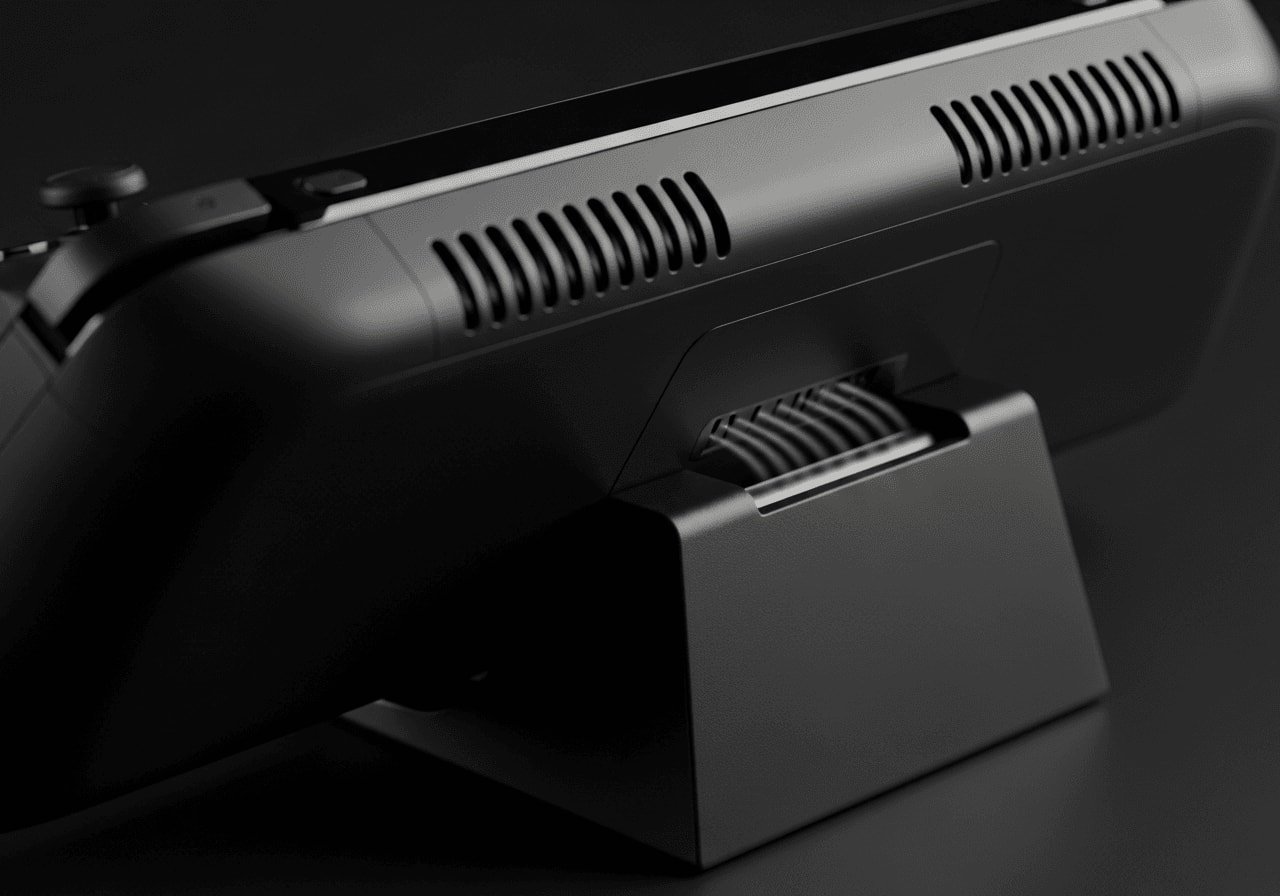 Rückseite einer Steam Deck Dockingstation mit freiem Raum für optimale Kühlung und Belüftung des Handhelds