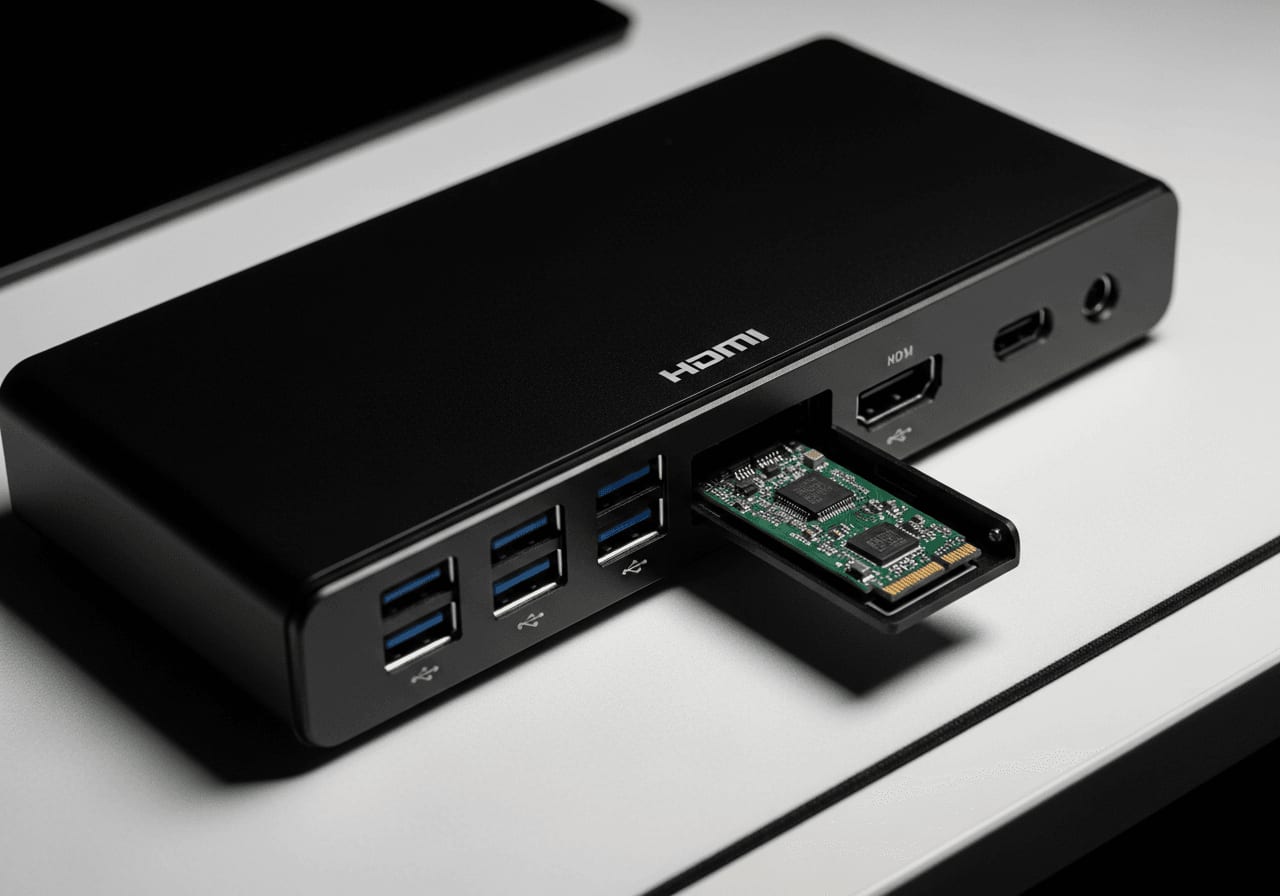 Handheld-PC Dockingstation mit offener Klappe für eine M.2 SSD-Speichererweiterung und mehreren Anschlüssen