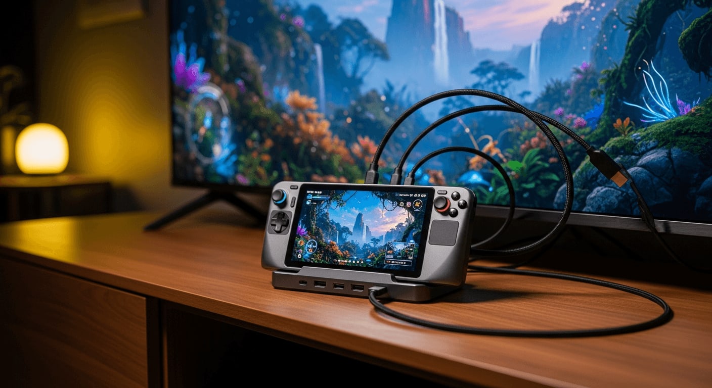 Die beste Dockingstation für Steam Deck und Handheld-PCs angeschlossen an einen großen Fernseher im Wohnzimmer