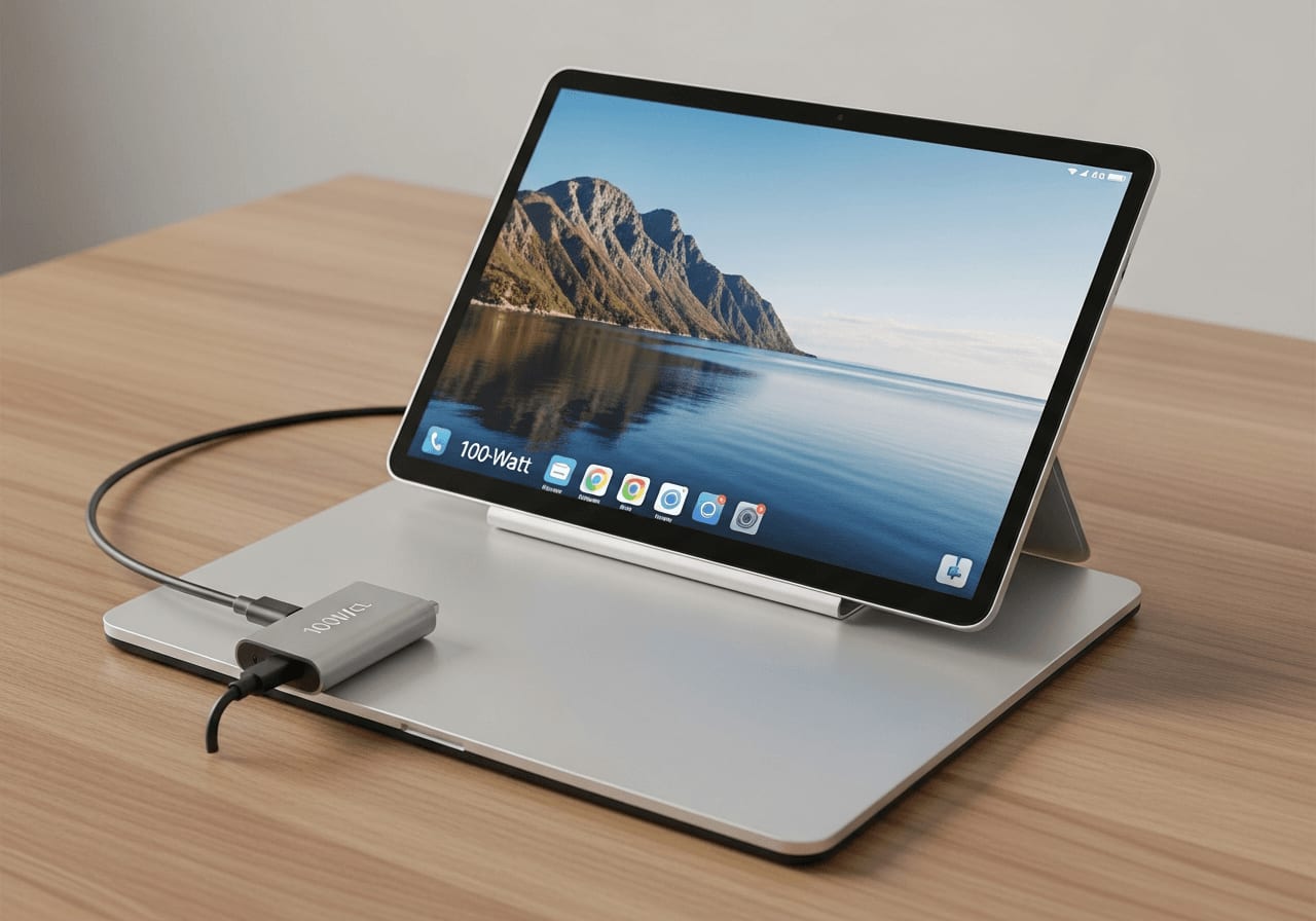 Ein starkes 100-Watt USB-C-Netzteil in der Steckdose liefert ausreichend Strom für die Handheld-PC Dockingstation