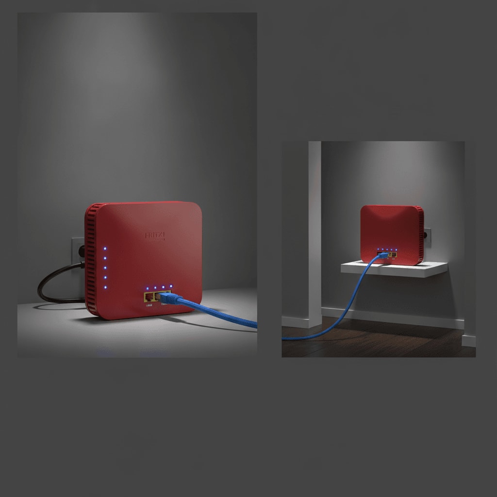 Zwei FRITZ!Box-Router, die per LAN-Kabel verbunden sind, um eine stabile WLAN-Brücke für das Mesh-Netzwerk einzurichten.