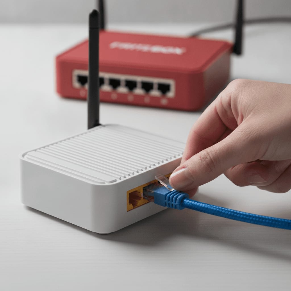 Nahaufnahme eines LAN-Kabels, das in die zweite FRITZ!Box gesteckt wird, um die Verbindung für die WLAN-Brücke herzustellen.