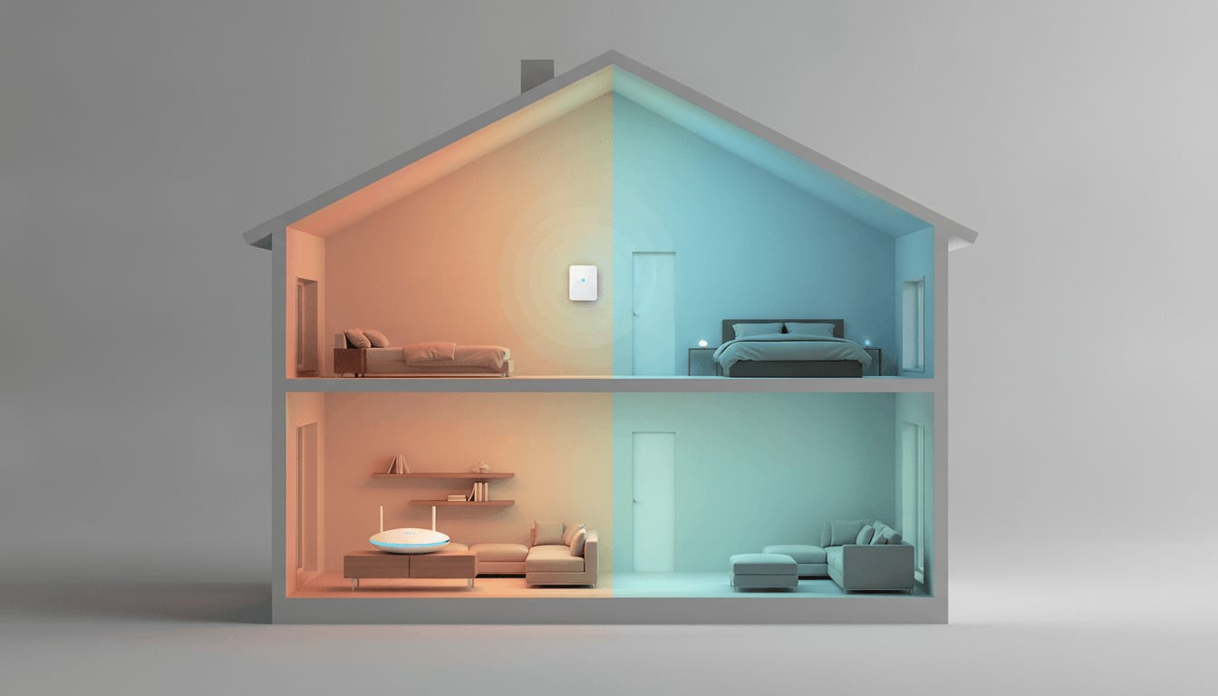 Visuelle Darstellung der WLAN-Signalstärke in einem Haus, optimiert durch die richtige Platzierung der FRITZ!Box Mesh-Geräte.