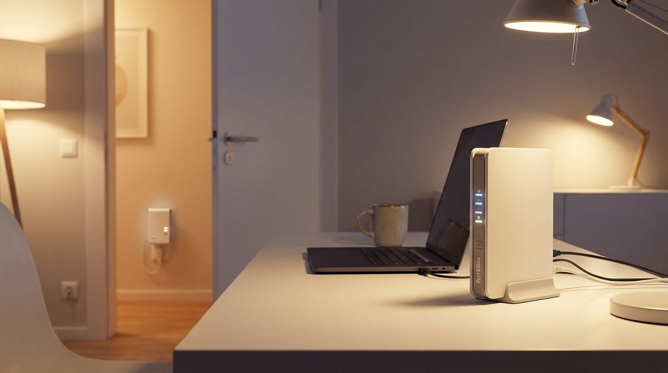 Ein modernes Heimbüro, in dem eine FRITZ!Box und ein Repeater für ein nahtloses WLAN-Signal sorgen, um das FRITZ!Box Mesh einzurichten.