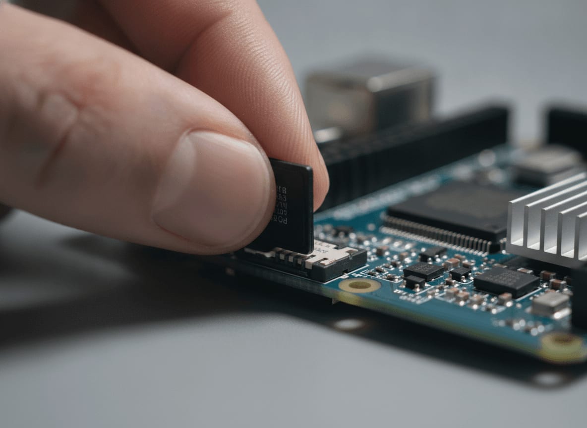 Nahaufnahme einer Hand, die eine microSD-Karte in einen Raspberry Pi steckt für die Home Assistant Installation.