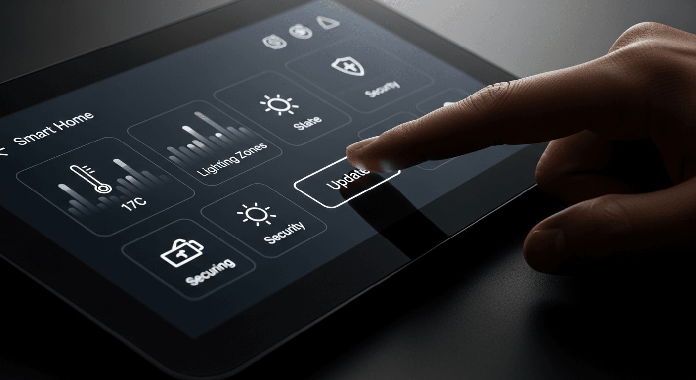 Nahaufnahme eines Fingers, der den Update-Button auf einem Smart Home Dashboard drückt, um Home Assistant Updates zu starten.