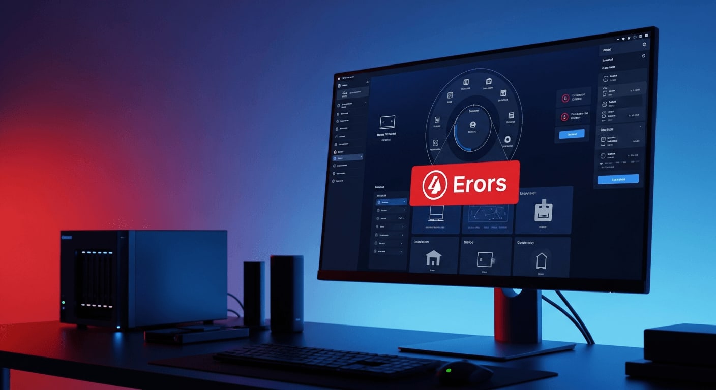 Moderner Schreibtisch mit Monitor, der eine Fehlermeldung nach Home Assistant Updates und Breaking Changes anzeigt.