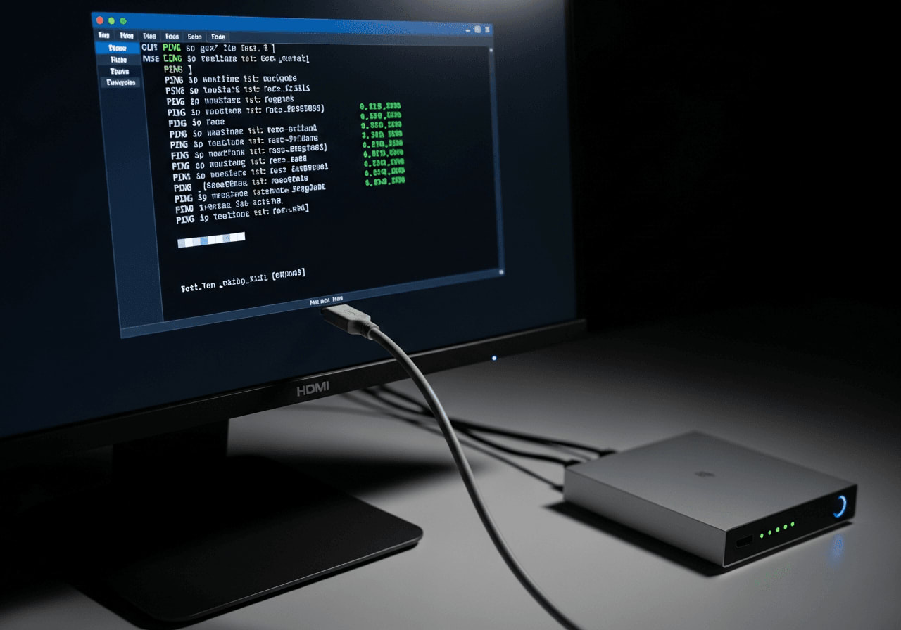 CLI Fehlersuche im Home Assistant: Terminal-Fenster mit Ping-Test auf einem direkt angeschlossenen Monitor.