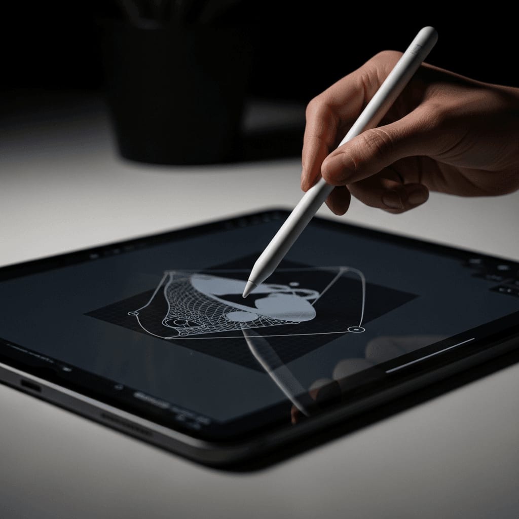 Apple Pencil schwebt über einer Zeichen-App auf dem iPad Pro bei der Kreativarbeit
