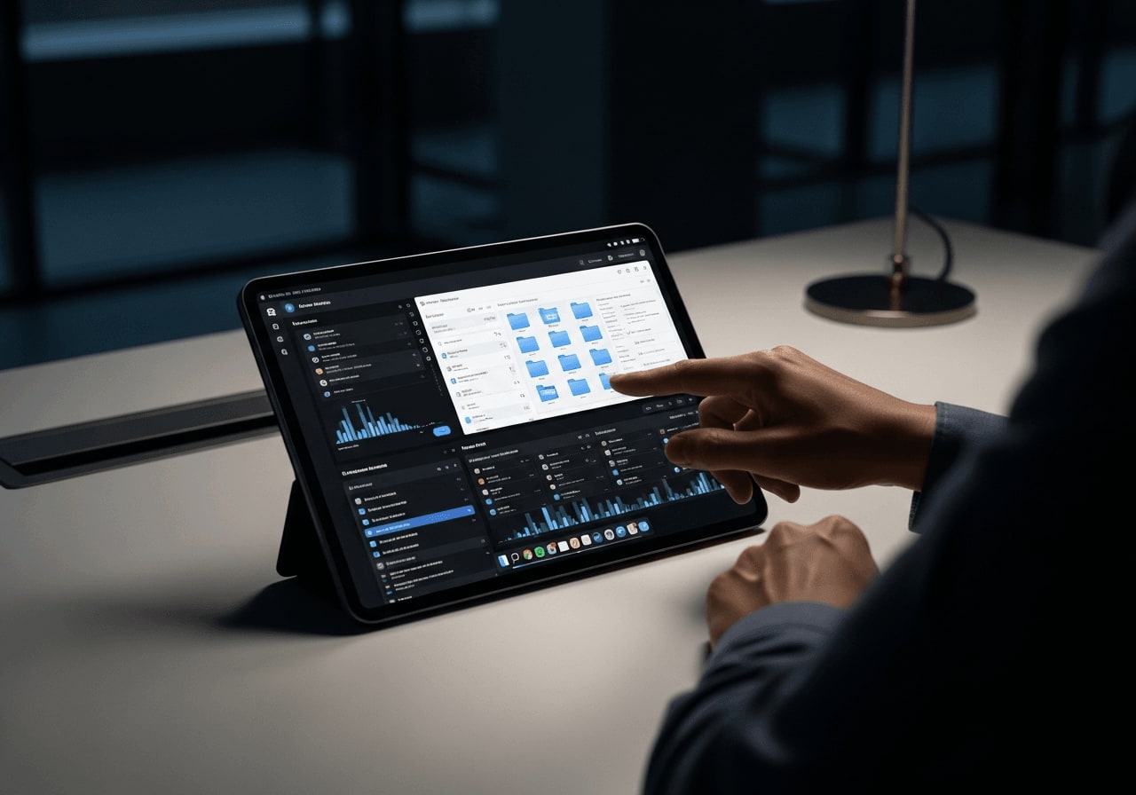 Person bedient die Dateien-App auf dem iPad Pro am Schreibtisch bei der Arbeit mit Dateimanagement