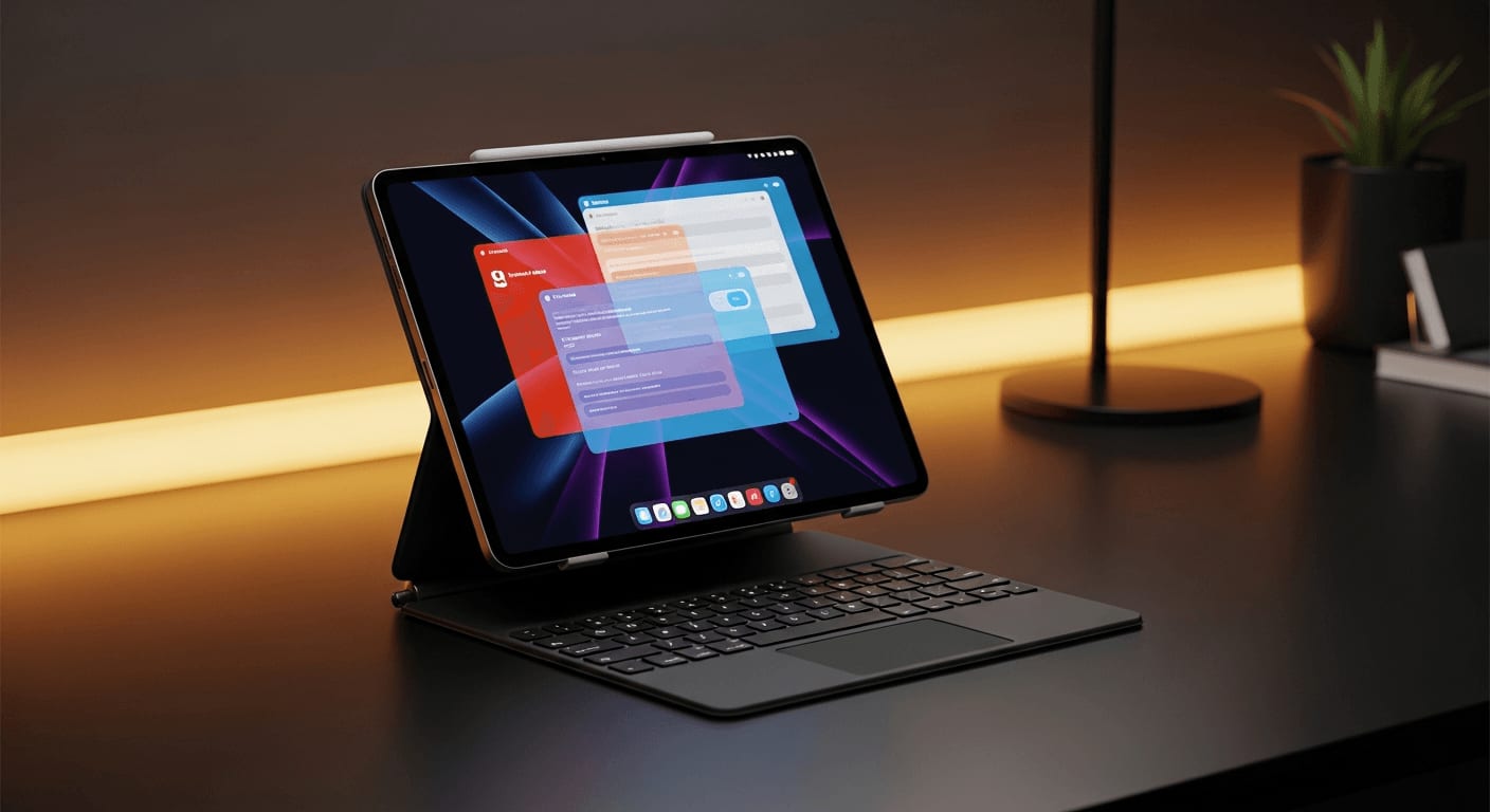 iPad Pro auf dem Schreibtisch mit schwebendem Magic Keyboard und mehreren geöffneten Apps als Laptop-Ersatz im Test