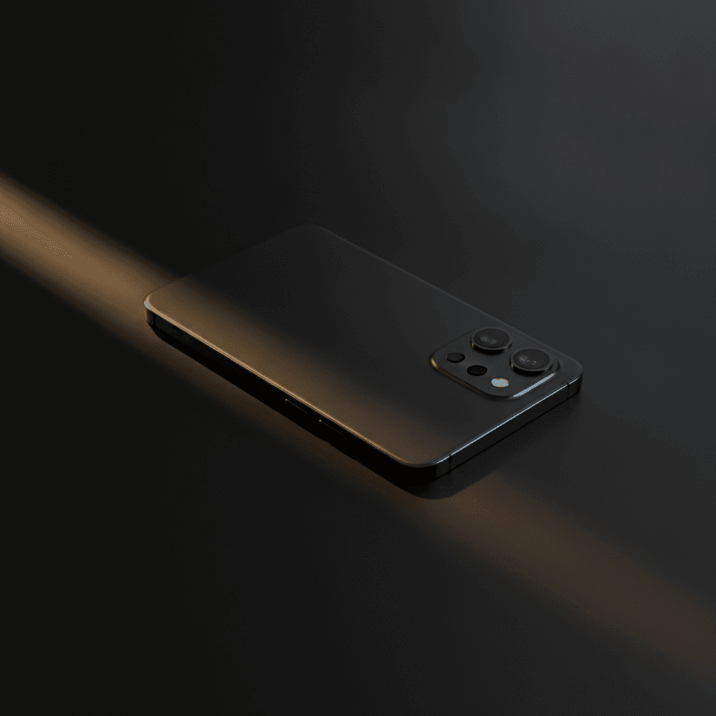 iPhone Unterschiede bei den Farben: Ein elegantes Pro-Modell in der Farbe Titan Schwarz mit minimalistischer Ästhetik.