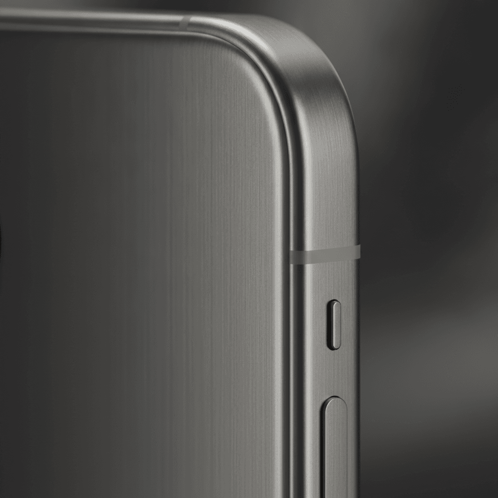 Premium-Materialien der Pro-Modelle: Ein iPhone in der edlen Farbe Naturtitan, das die hochwertigen iPhone Unterschiede zeigt.