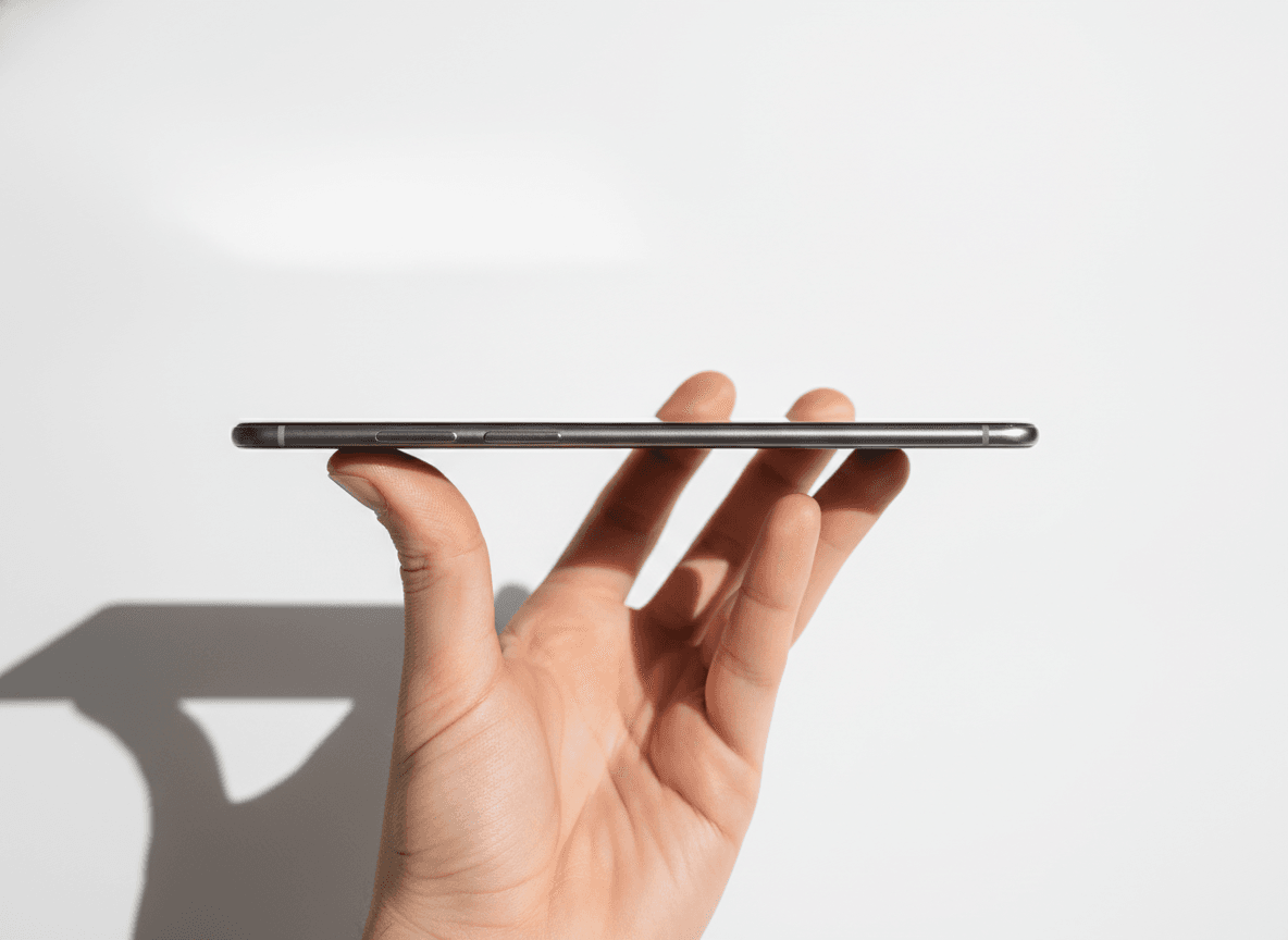 Das schlanke iPhone Air: Eine Hand hält das Smartphone von der Seite, um die geringe Dicke und die iPhone Unterschiede bei der Portabilität zu zeigen.